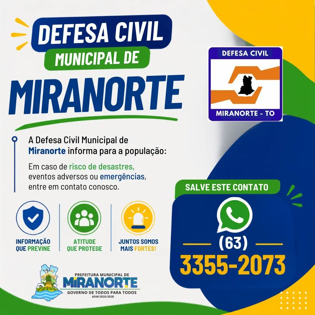 DEFESA CIVIL MUNICIPAL DE MIRANORTE DIVULGA CANAL DE ATENDIMENTO À POPULAÇÃO